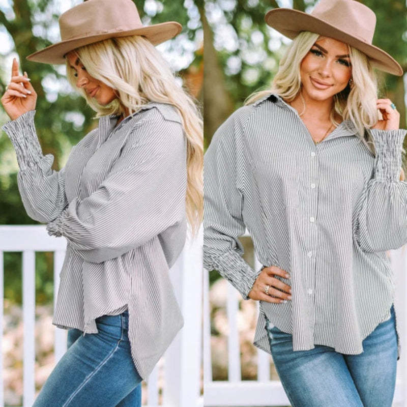 Casual Striped Button Down Shirt With Elastic Cuffs-Cozy Knit Sets