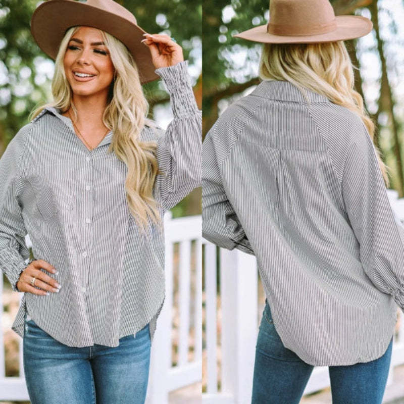 Casual Striped Button Down Shirt With Elastic Cuffs-Cozy Knit Sets