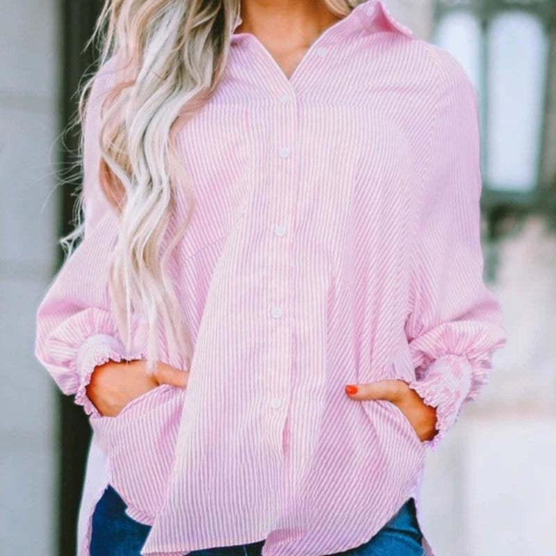 Casual Striped Button Down Shirt With Elastic Cuffs-Cozy Knit Sets