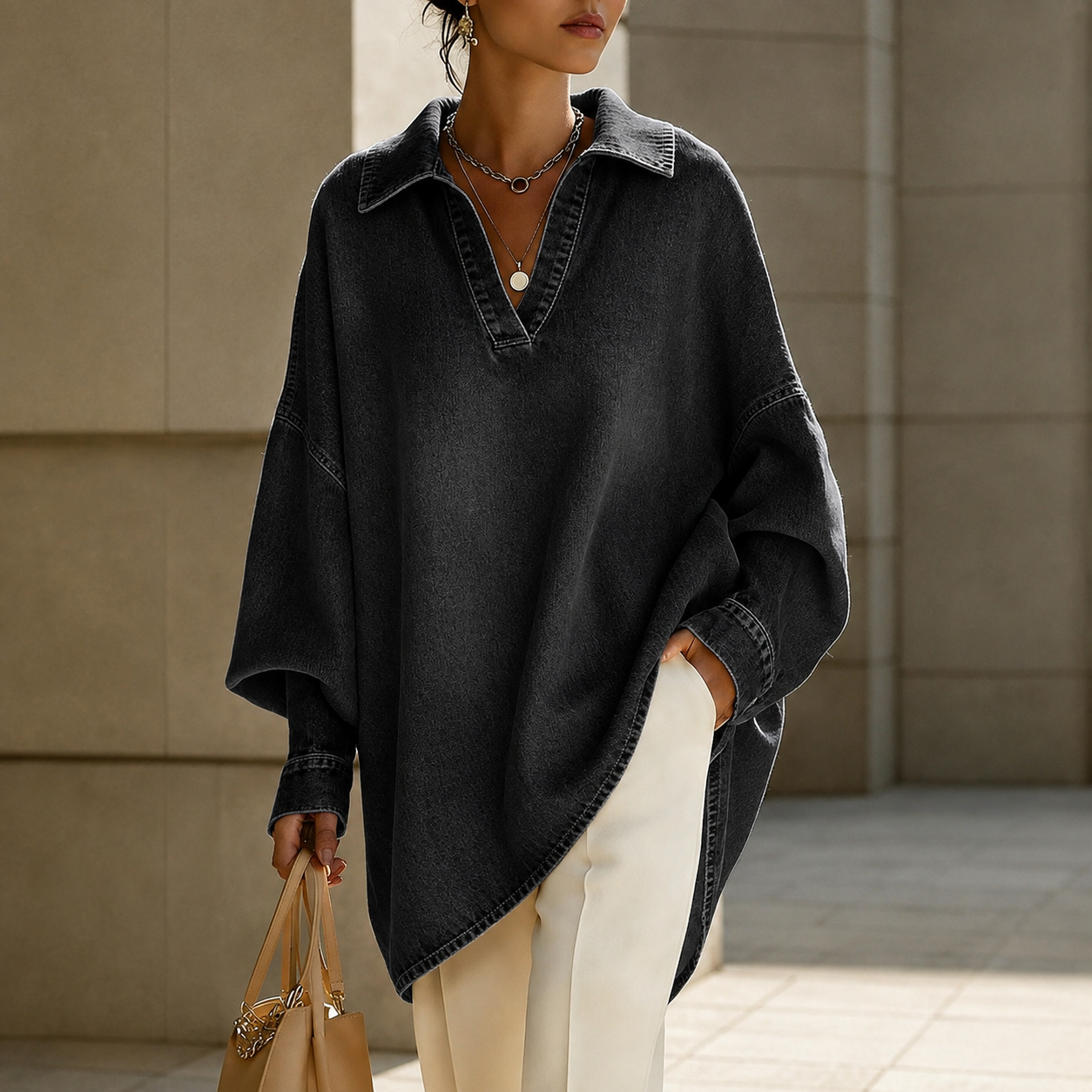 Oversized Washed Denim Collared Tunic Top with High Low Hem for Women