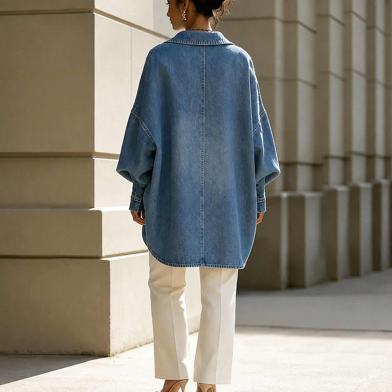 Oversized Washed Denim Collared Tunic Top with High Low Hem for Women