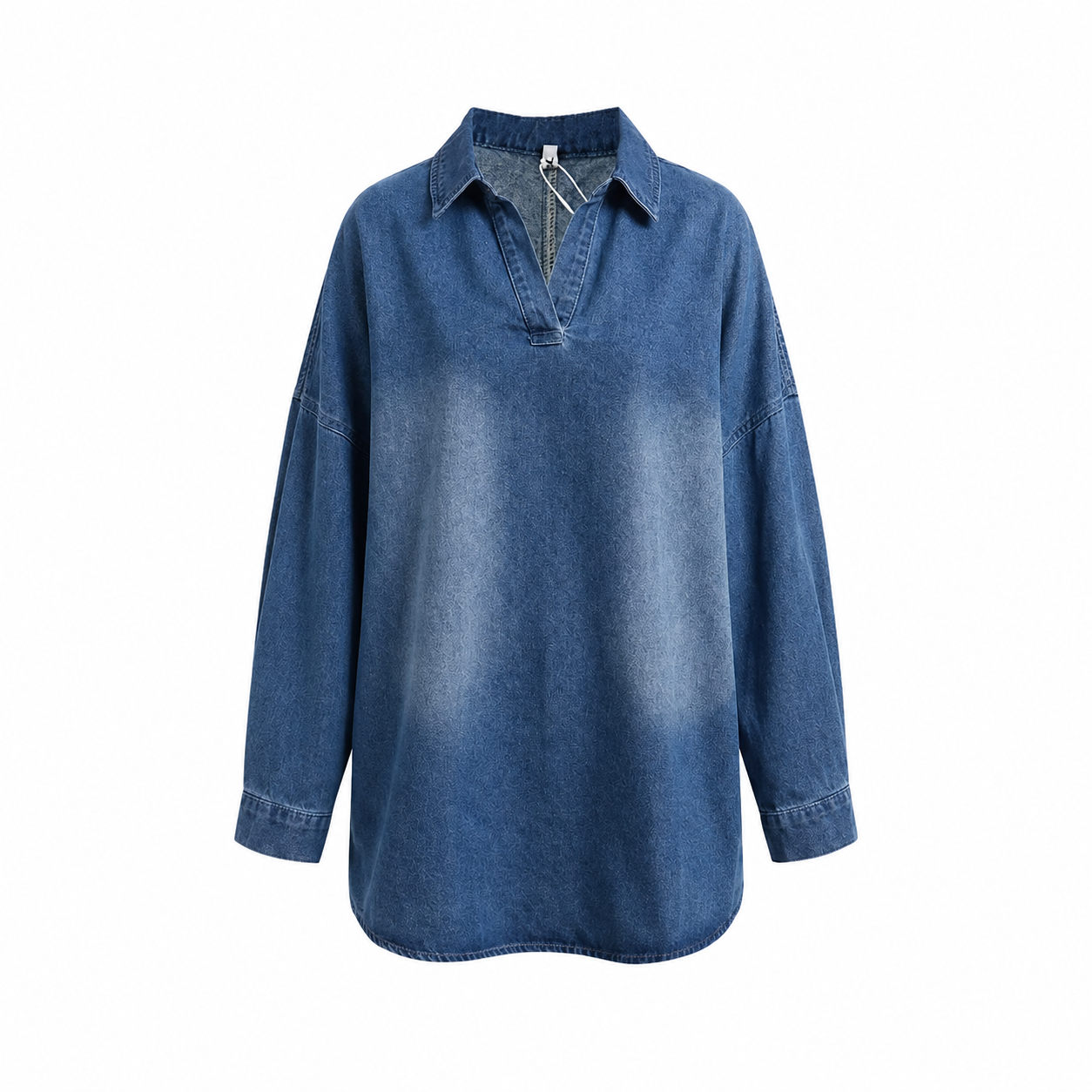 Oversized Washed Denim Collared Tunic Top with High Low Hem for Women