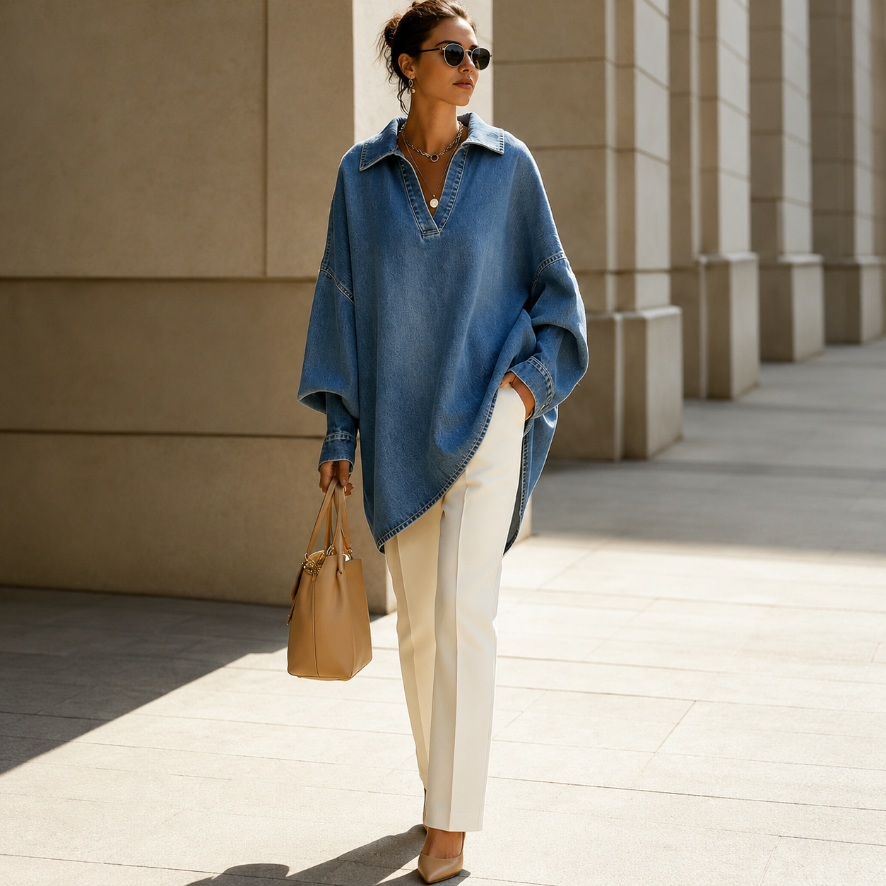 Oversized Washed Denim Collared Tunic Top with High Low Hem for Women