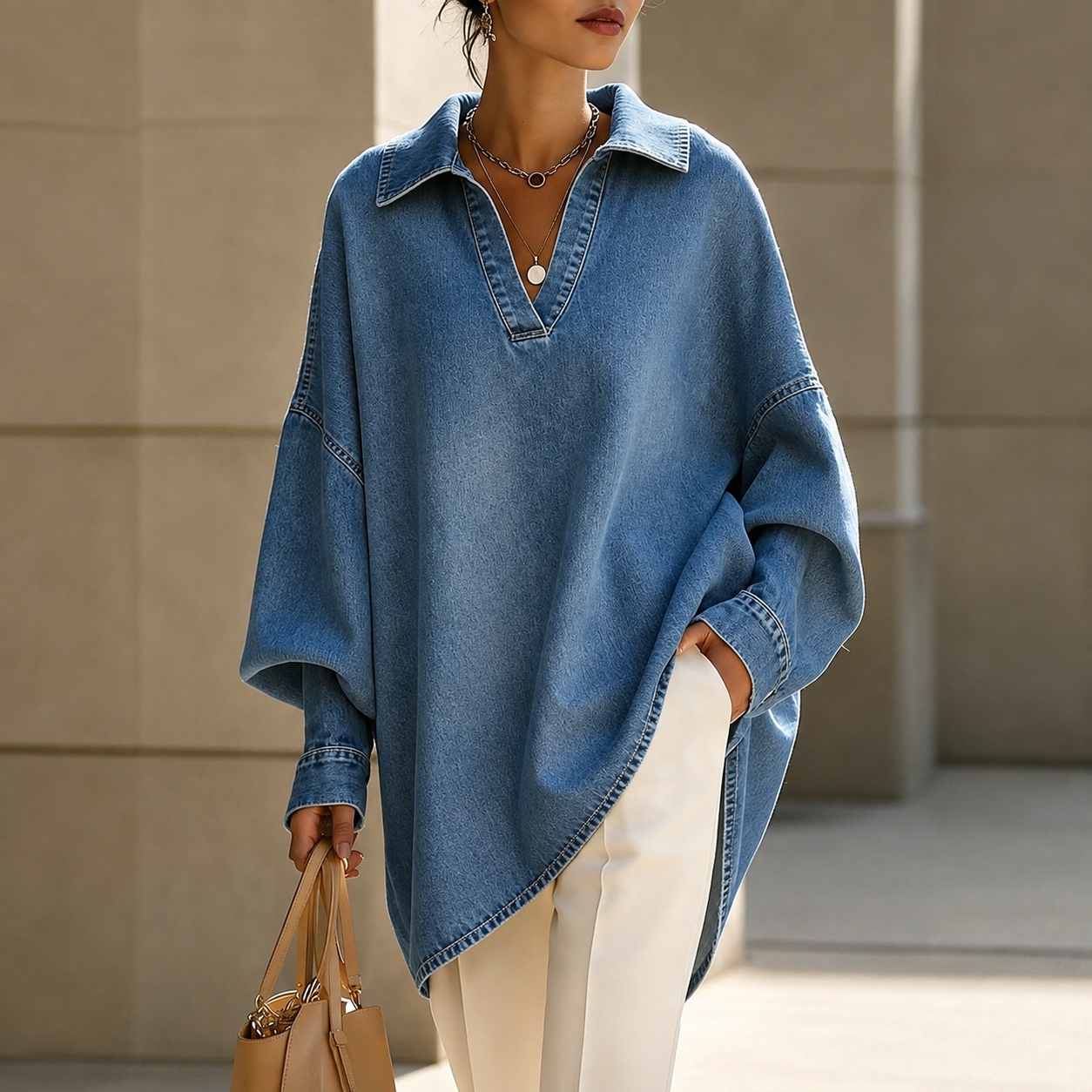 Oversized Washed Denim Collared Tunic Top with High Low Hem for Women