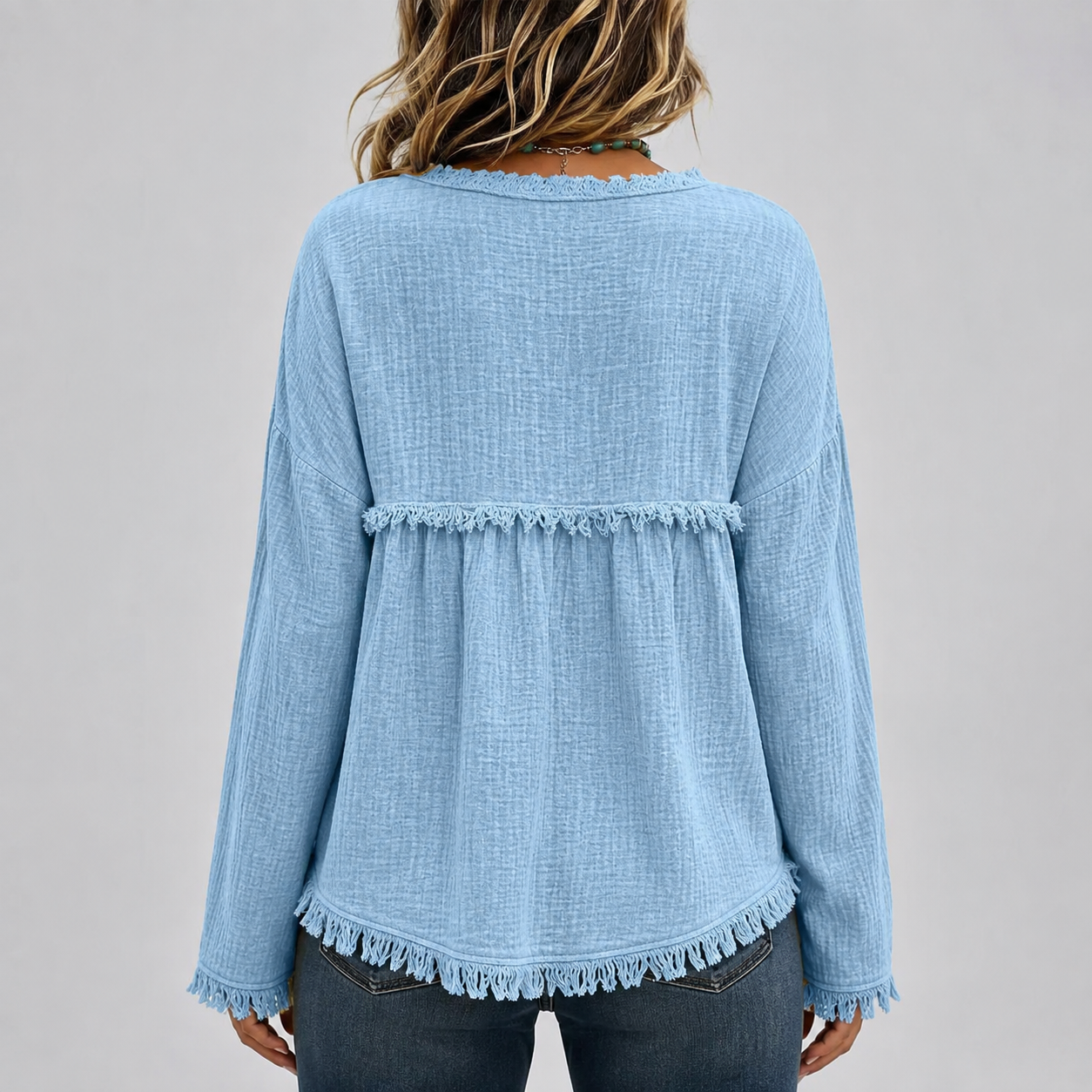 Boho Textured Fringe Babydoll Tunic Top with Loose Fit for Women