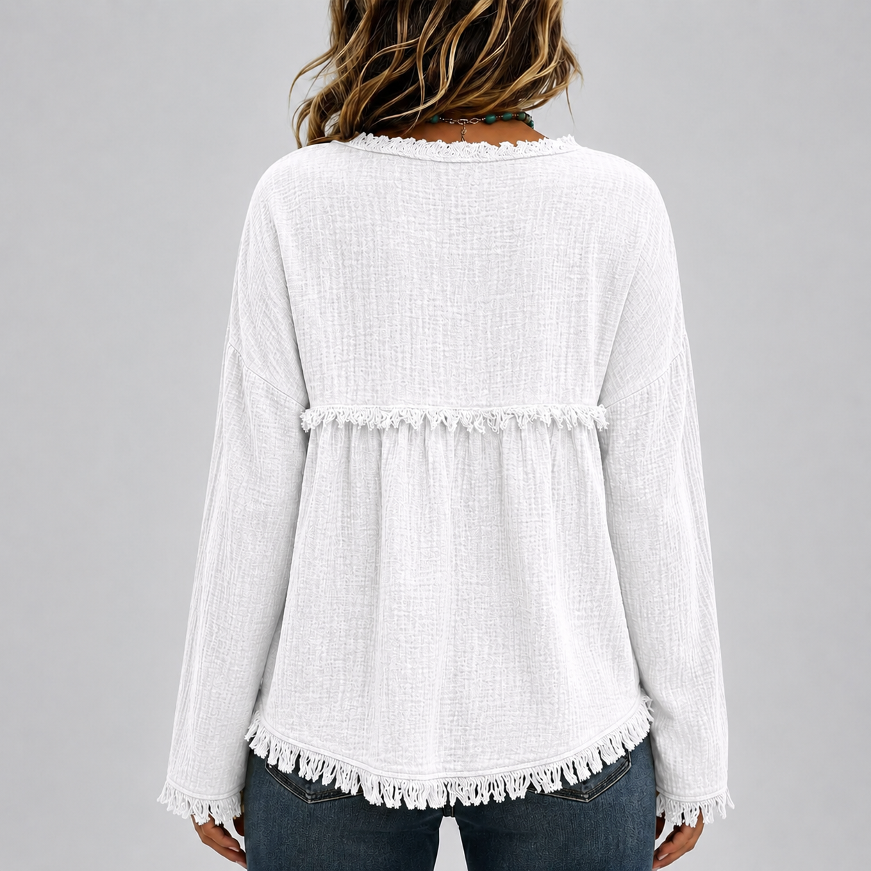 Boho Textured Fringe Babydoll Tunic Top with Loose Fit for Women