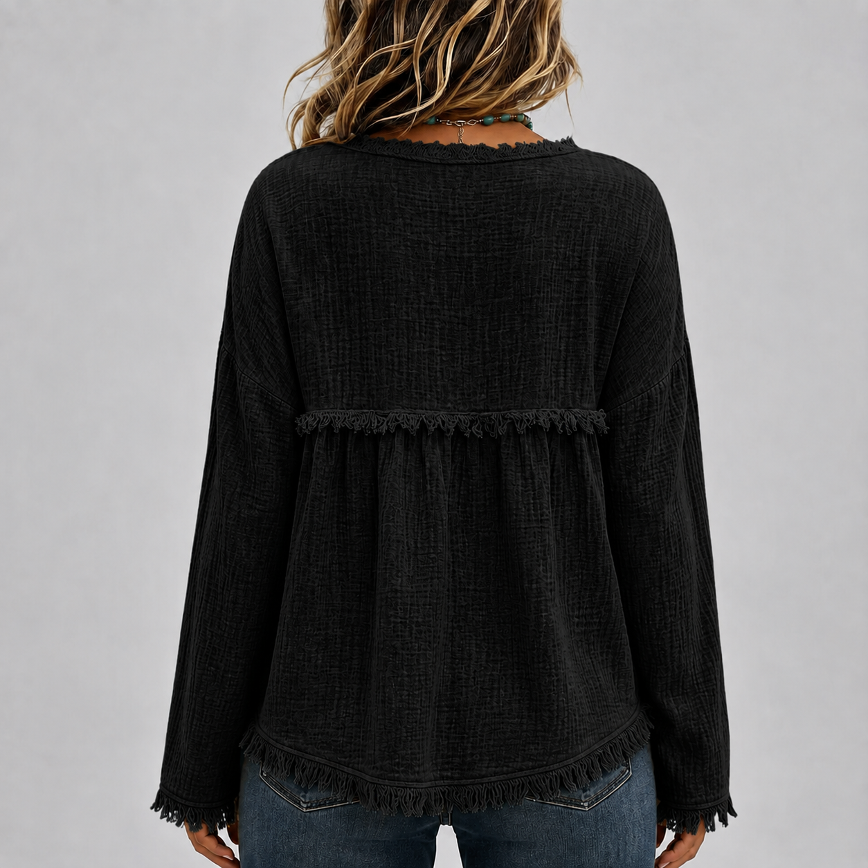 Boho Textured Fringe Babydoll Tunic Top with Loose Fit for Women
