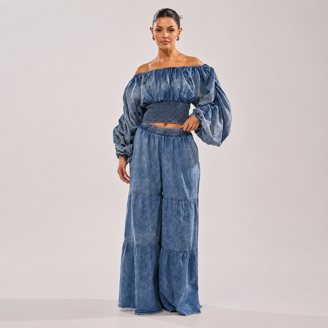 Smocked Cropped Denim Top with Voluminous Puff Sleeves for Women