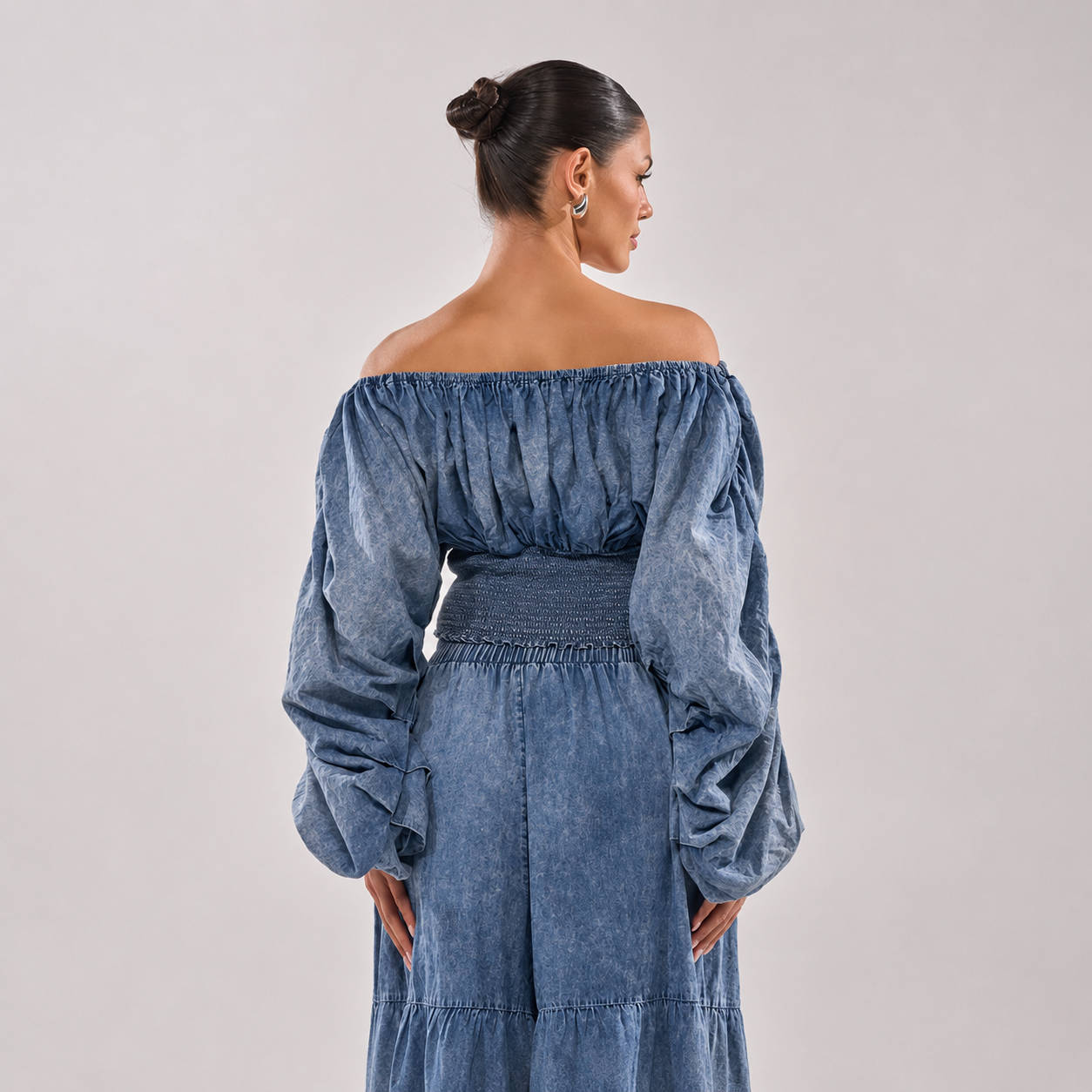 Smocked Cropped Denim Top with Voluminous Puff Sleeves for Women