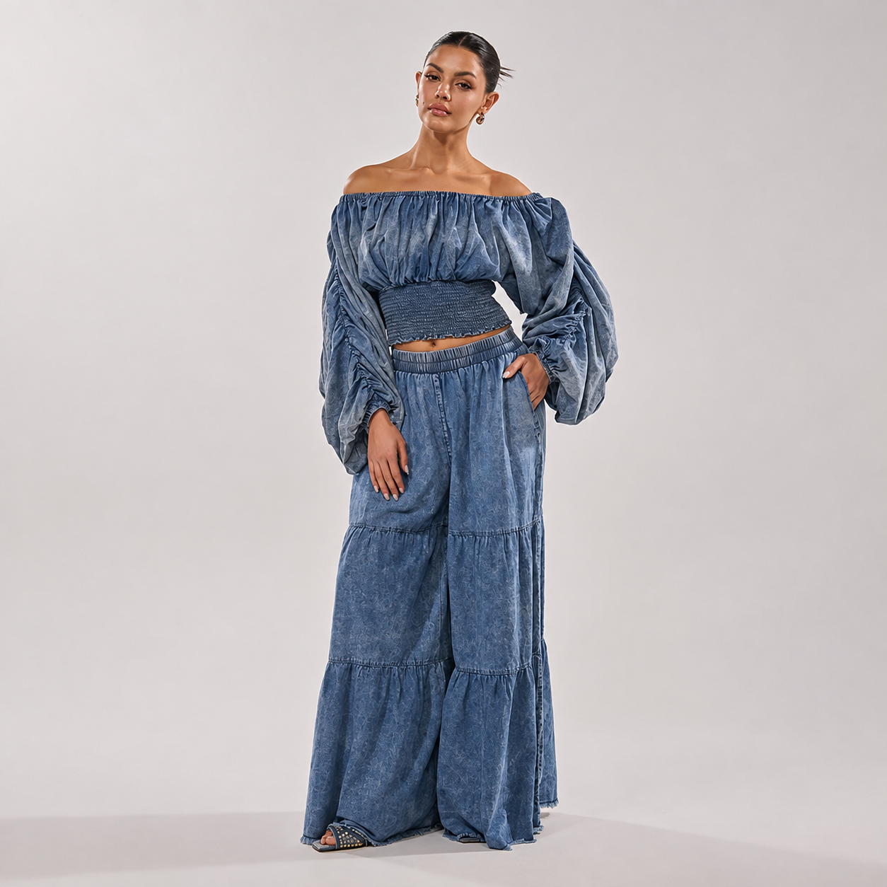 Smocked Cropped Denim Top with Voluminous Puff Sleeves for Women