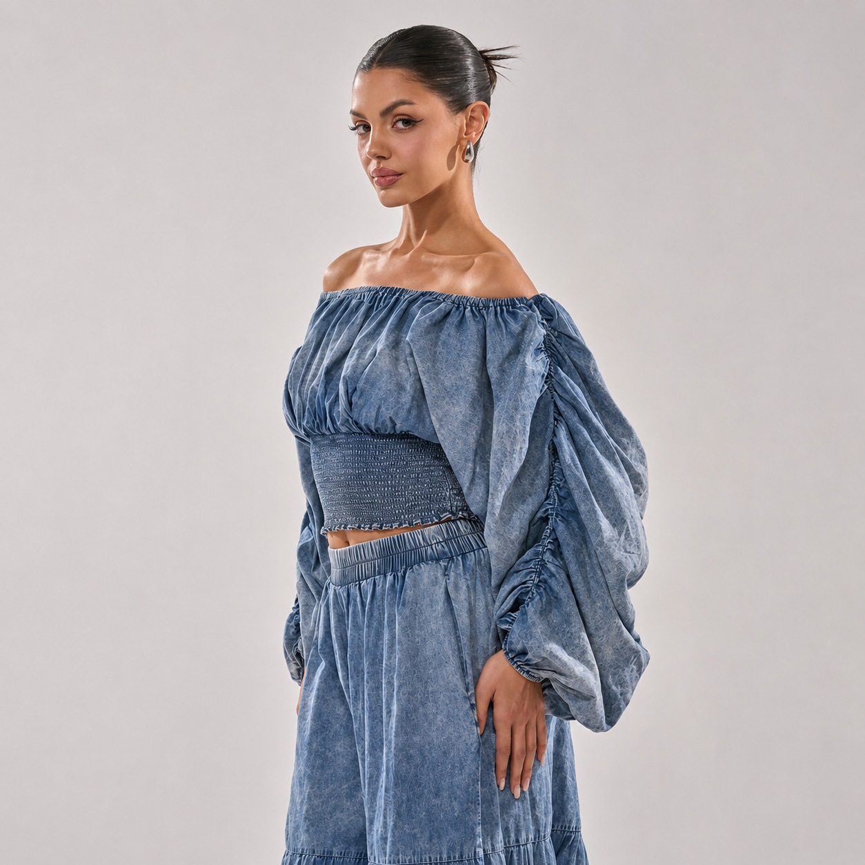 Smocked Cropped Denim Top with Voluminous Puff Sleeves for Women
