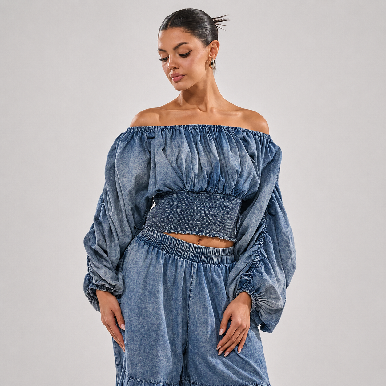 Smocked Cropped Denim Top with Voluminous Puff Sleeves for Women