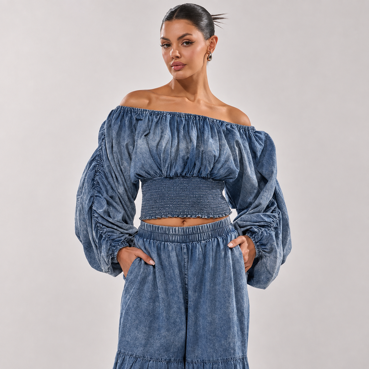 Smocked Cropped Denim Top with Voluminous Puff Sleeves for Women