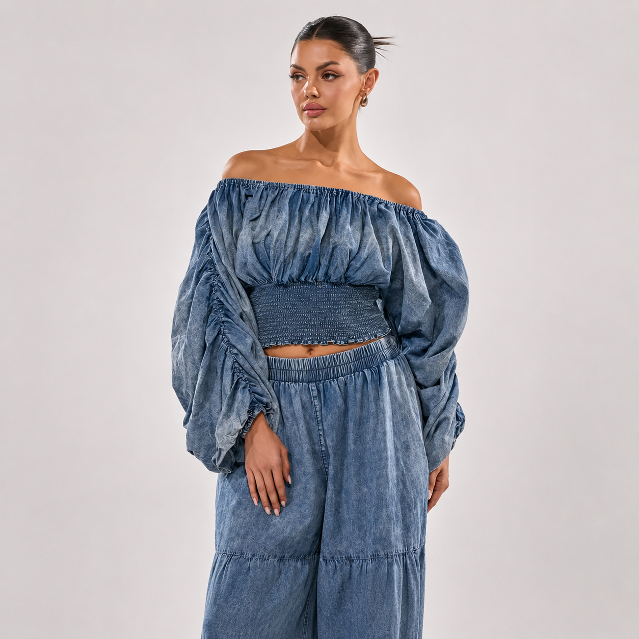 Smocked Cropped Denim Top with Voluminous Puff Sleeves for Women