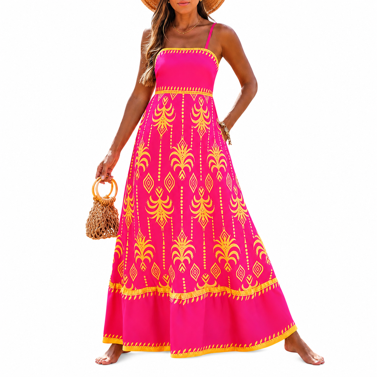 Casual Sleeveless Boho Beach Summer Maxi Dress With Spaghetti Strap For Women