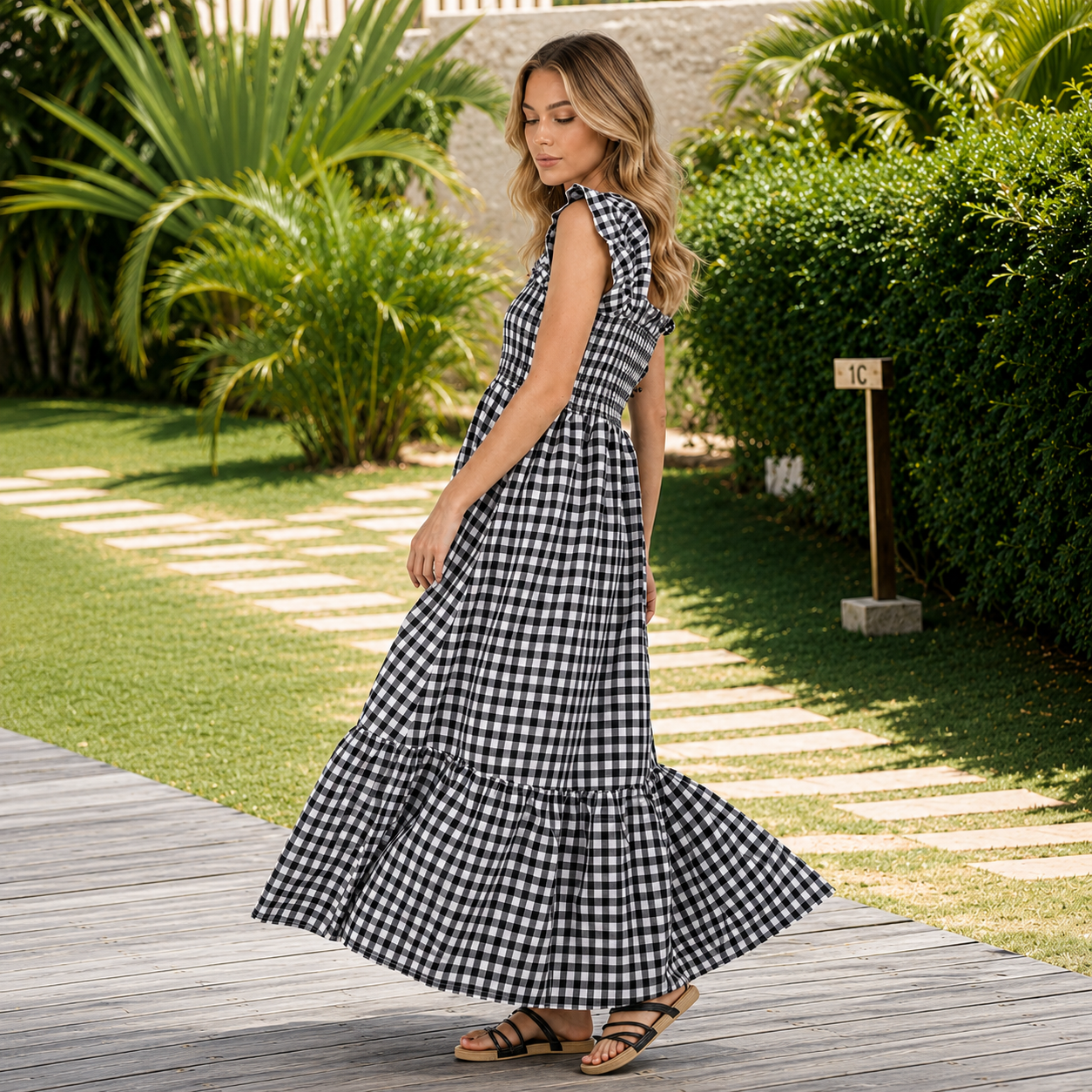 Plaid Smocked Sleeveless Maxi Dress With Spaghetti Straps For Women