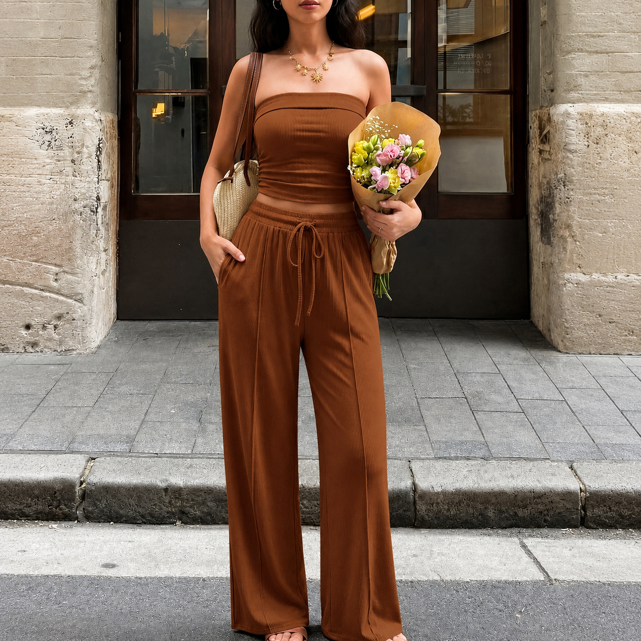 2 Pieces Casual Ribbed Knit Crop Tank Top And Pants Matching Lounge Set For Women