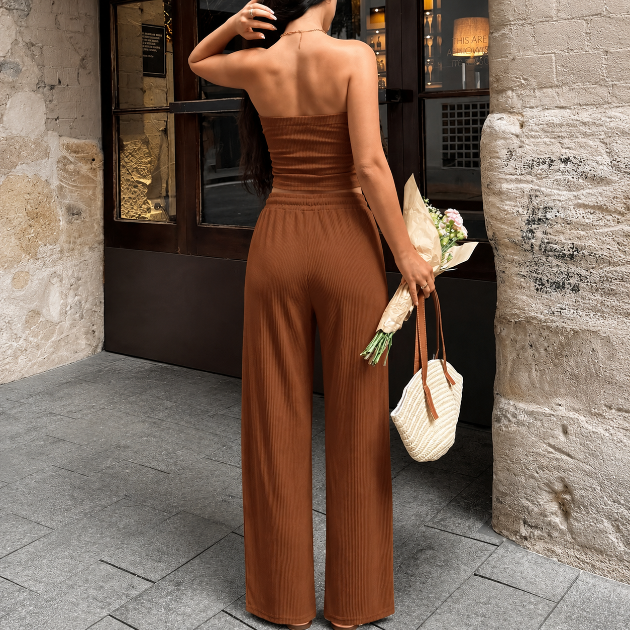 2 Pieces Casual Ribbed Knit Crop Tank Top And Pants Matching Lounge Set For Women