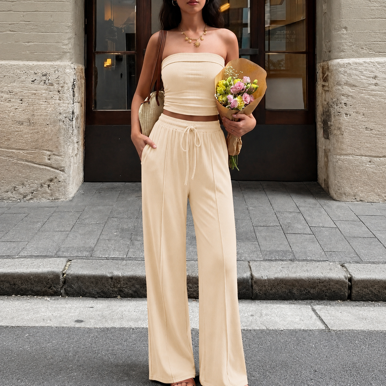 2 Pieces Casual Ribbed Knit Crop Tank Top And Pants Matching Lounge Set For Women