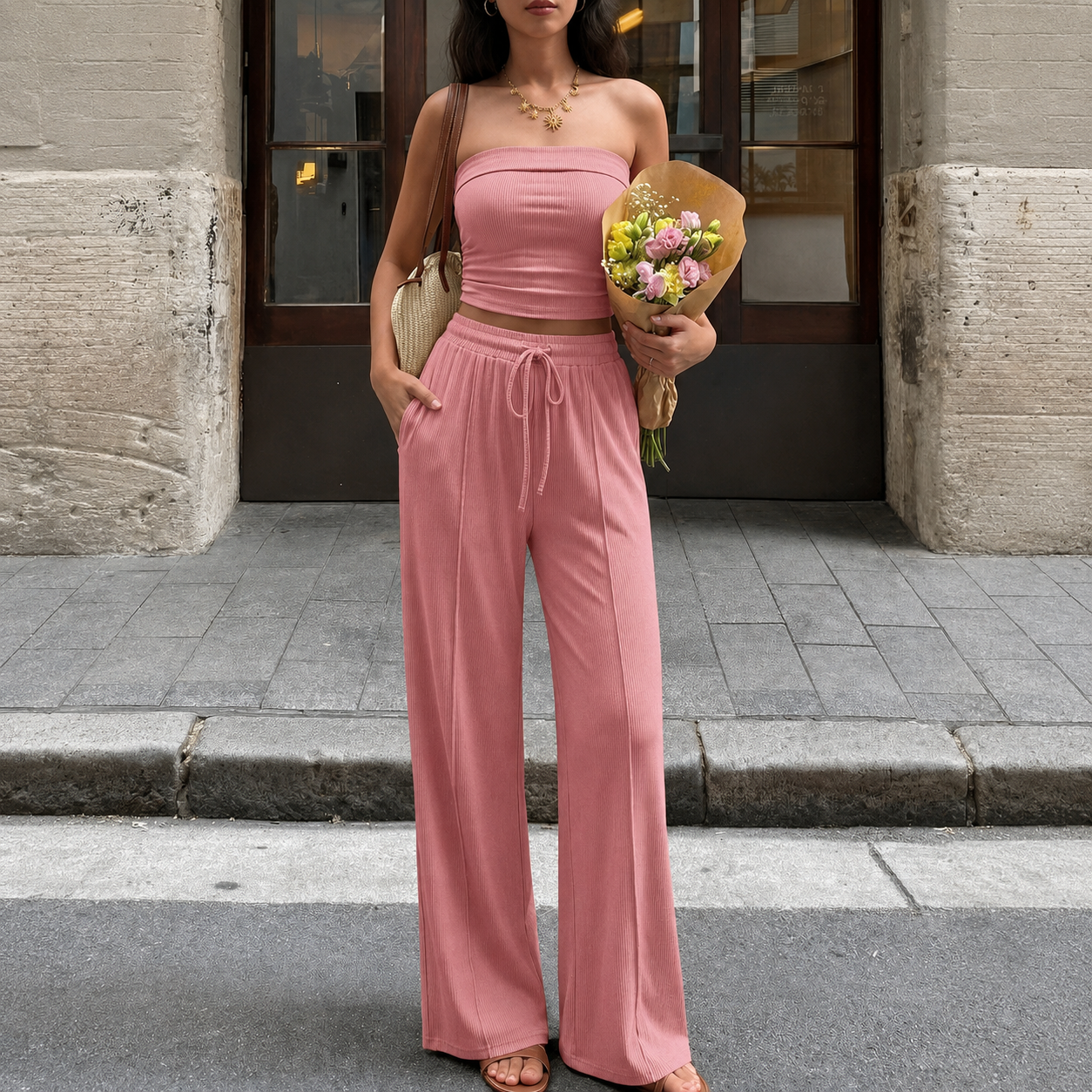 2 Pieces Casual Ribbed Knit Crop Tank Top And Pants Matching Lounge Set For Women