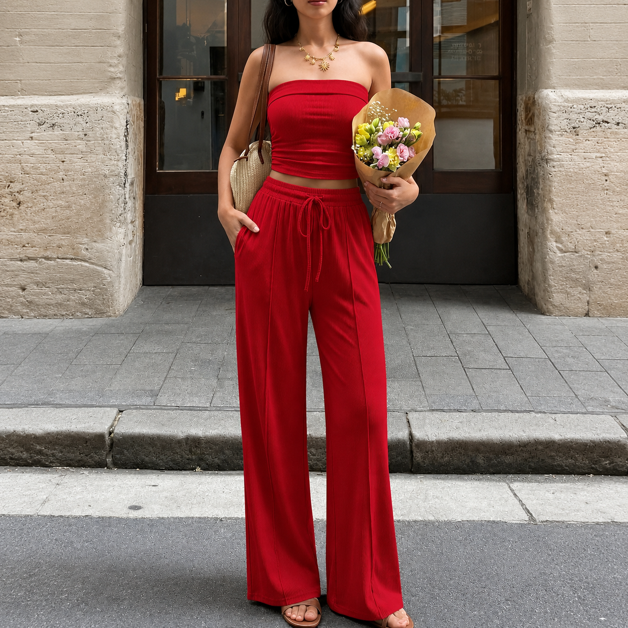 2 Pieces Casual Ribbed Knit Crop Tank Top And Pants Matching Lounge Set For Women
