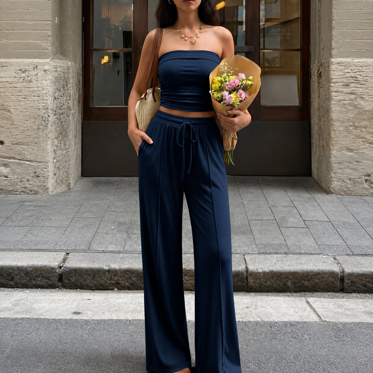 2 Pieces Casual Ribbed Knit Crop Tank Top And Pants Matching Lounge Set For Women