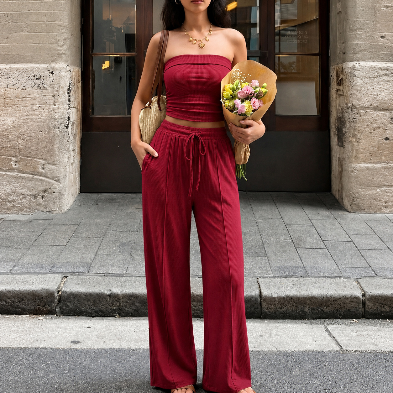 2 Pieces Casual Ribbed Knit Crop Tank Top And Pants Matching Lounge Set For Women