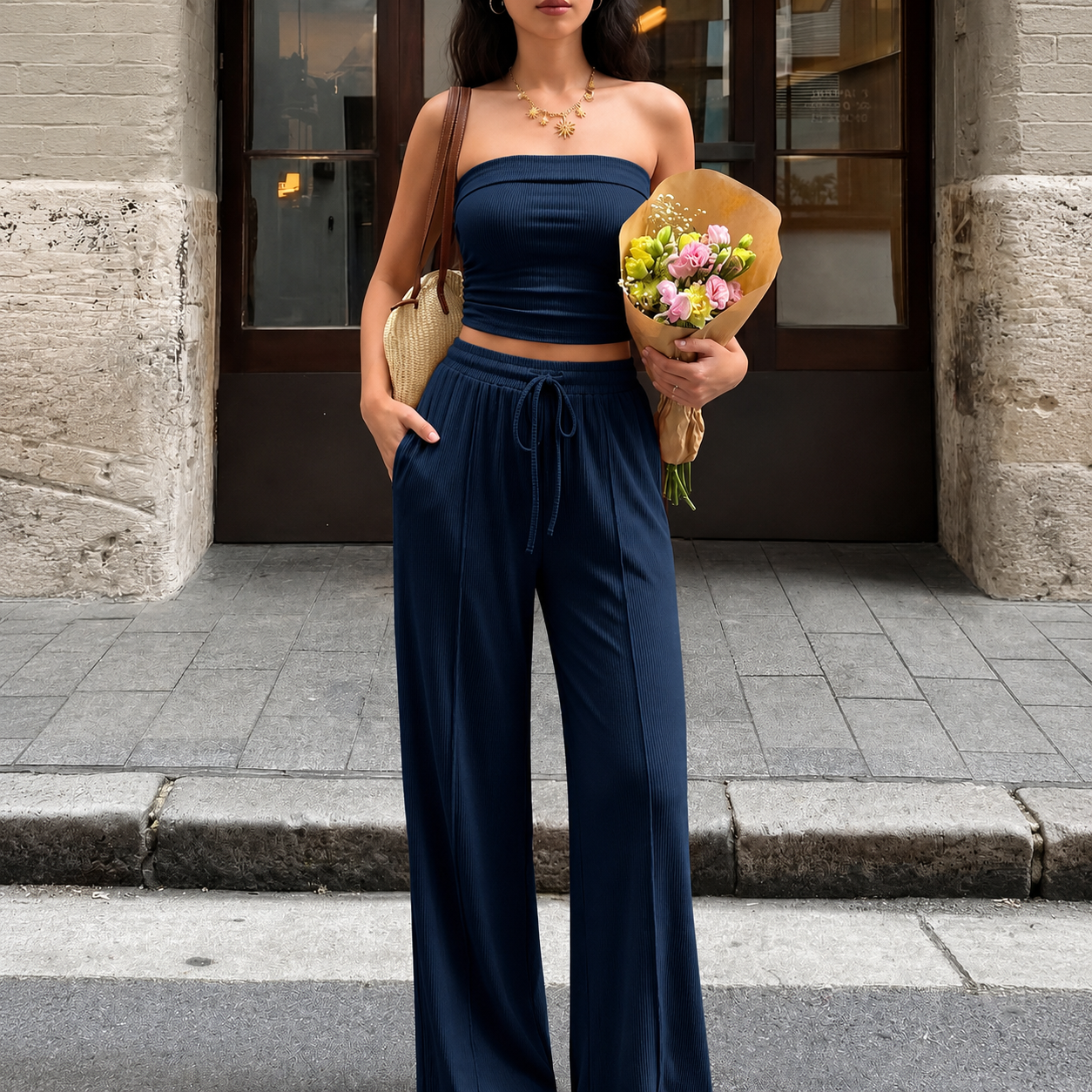 2 Pieces Casual Ribbed Knit Crop Tank Top And Pants Matching Lounge Set For Women