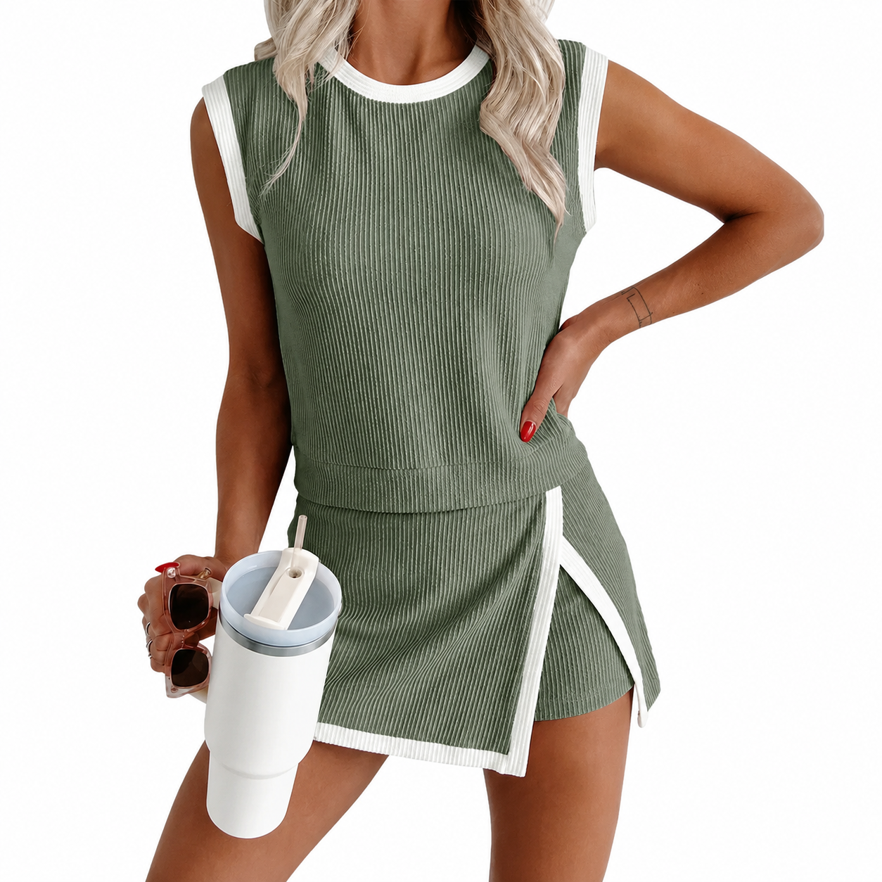 Casual Sleeveless Ribbed Knit Summer Matching Top And Skirt Set For Women