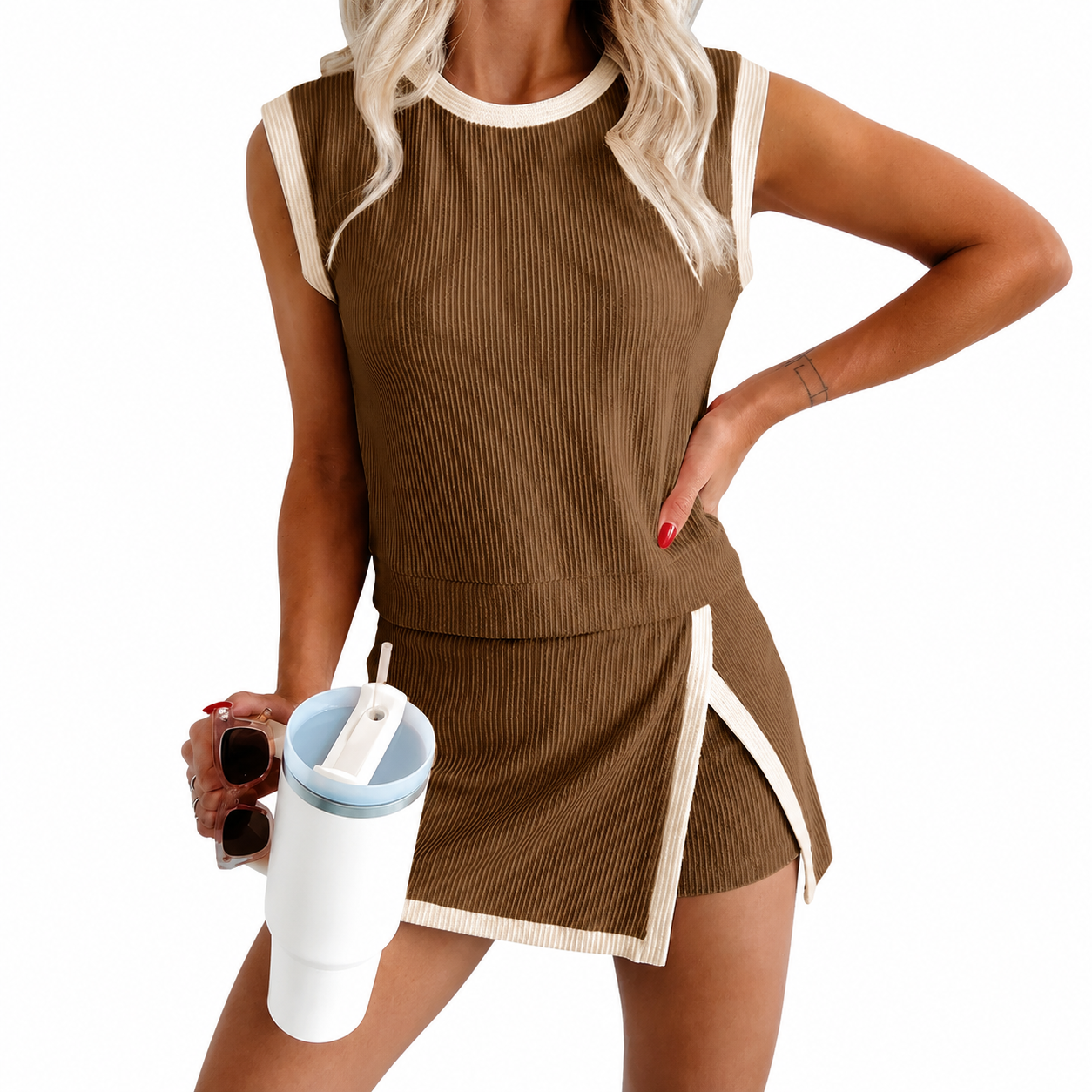 Casual Sleeveless Ribbed Knit Summer Matching Top And Skirt Set For Women