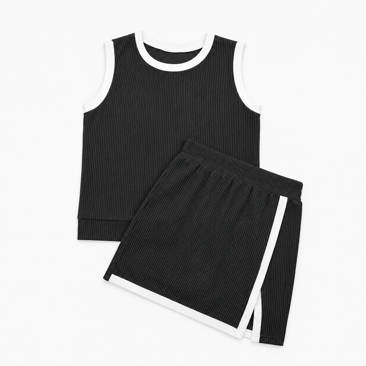 Casual Sleeveless Ribbed Knit Summer Matching Top And Skirt Set For Women