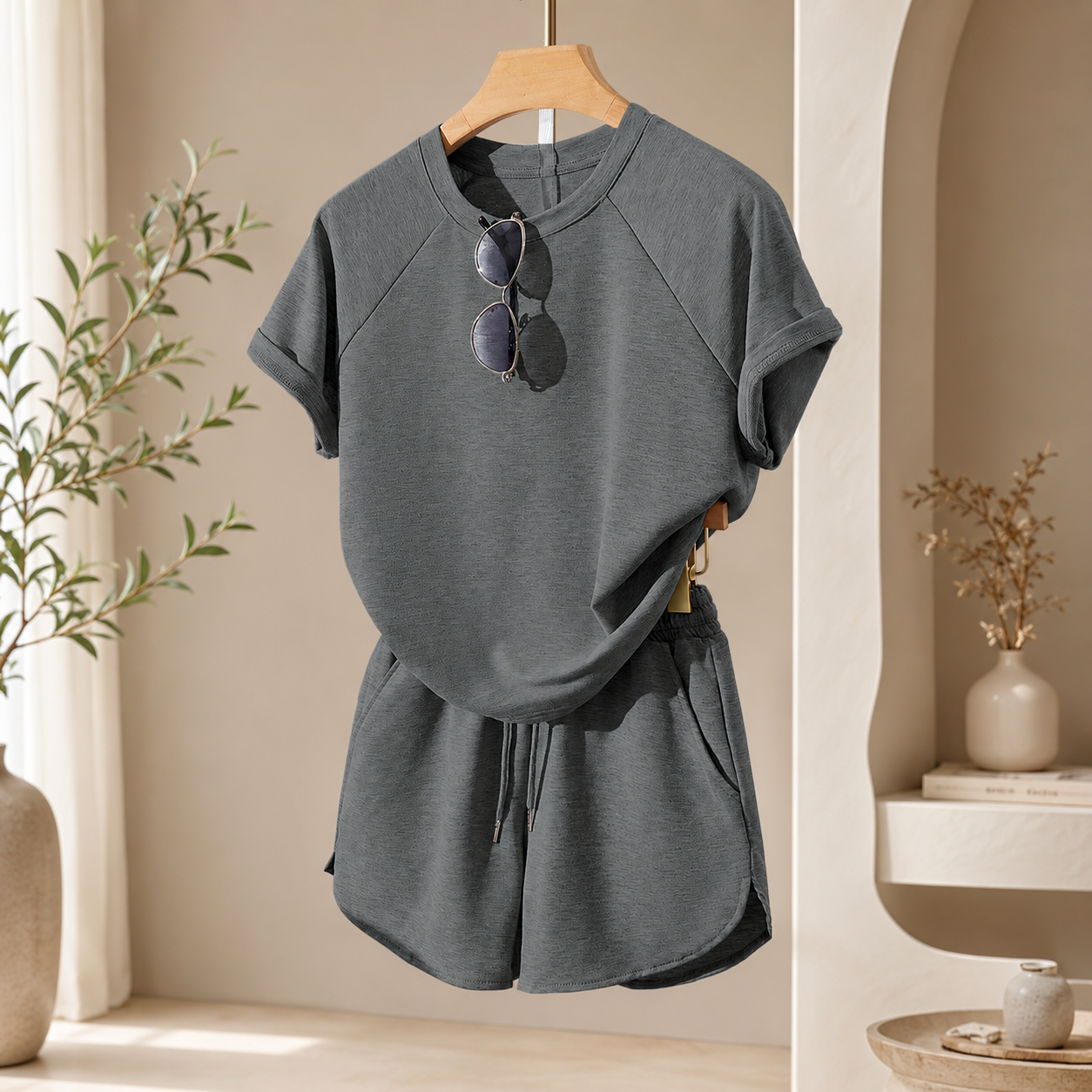 Casual Short Sleeve Top And Shorts Summer Set For Women