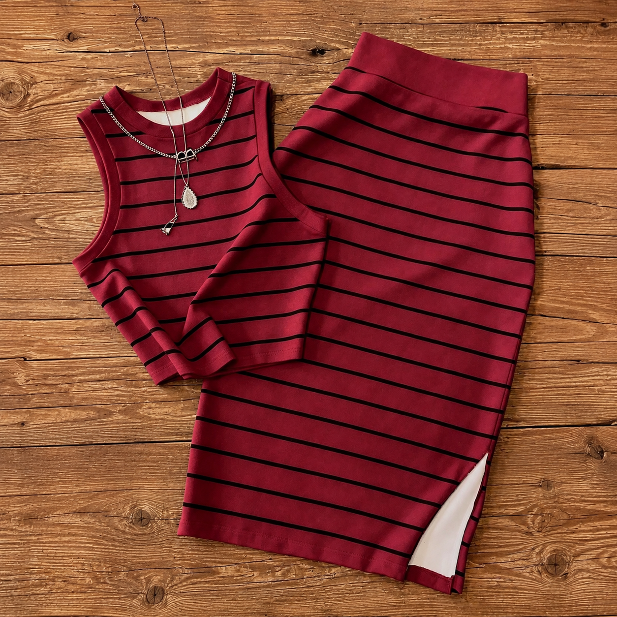 2 Piece Ribbed Slit Skirt And Vest Matching Set For Women