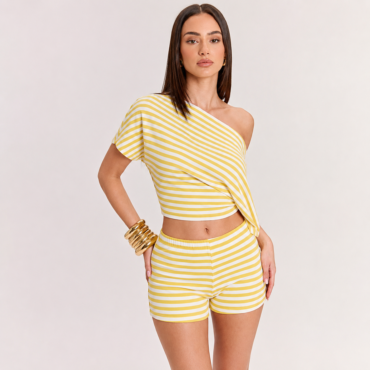 2 Piece Striped Asymmetric Top And Shorts Set For Women