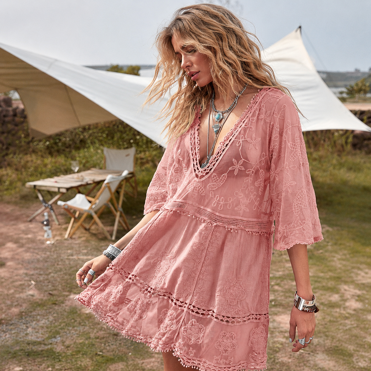 Loose Lace Contrast Cover Up Swimwear Suit For Women