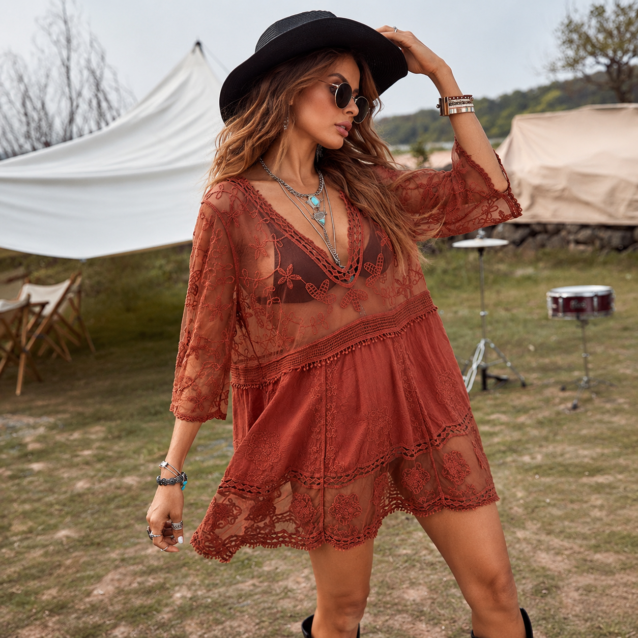 Loose Lace Contrast Cover Up Swimwear Suit For Women