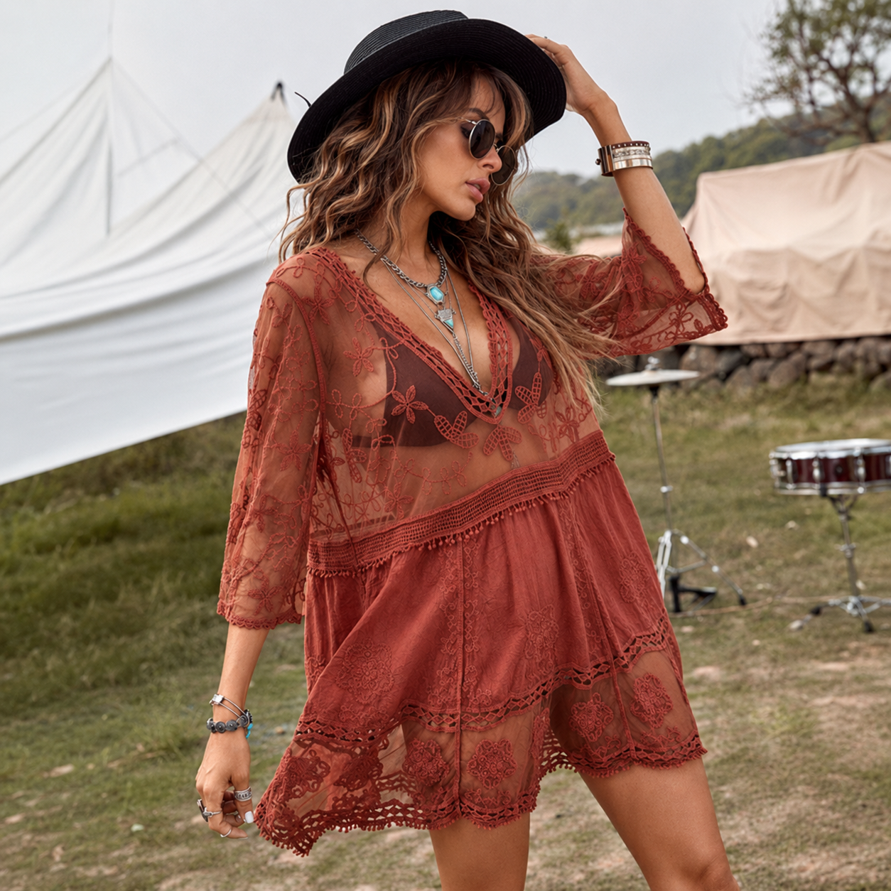 Loose Lace Contrast Cover Up Swimwear Suit For Women