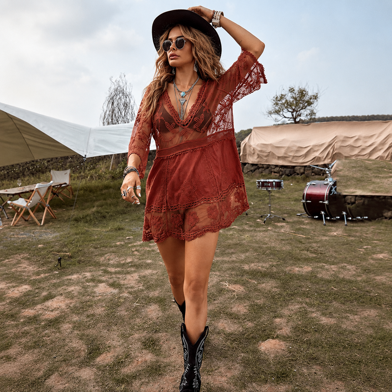 Loose Lace Contrast Cover Up Swimwear Suit For Women