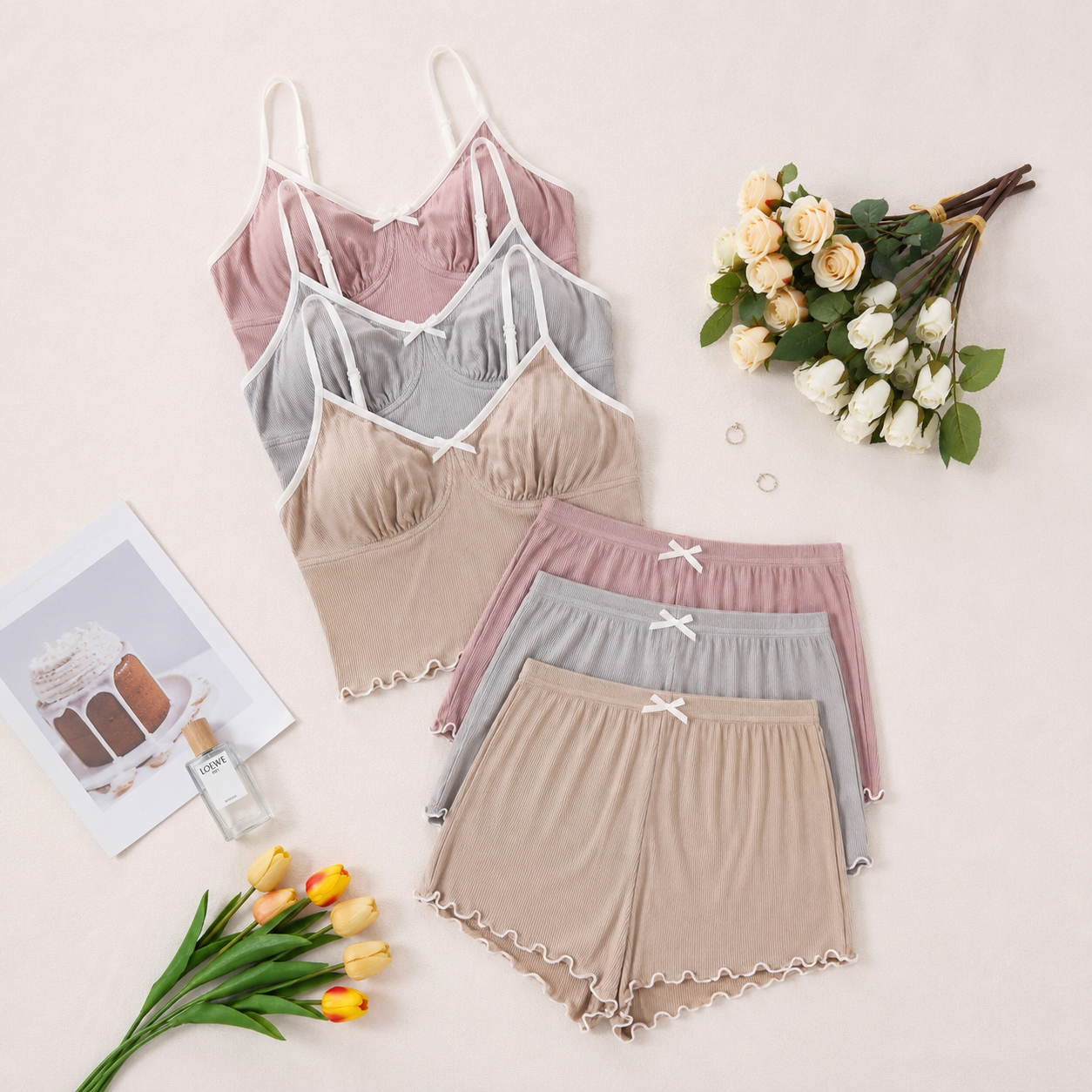 6 Piece Cami Top And Shorts Pajama Set For Women