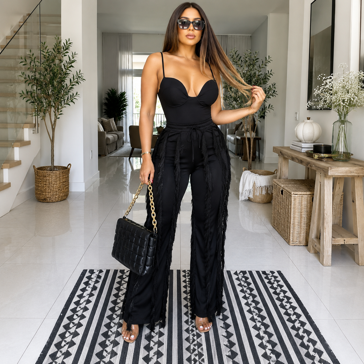 Sleeveless Cami Top And Tassel Pants Set For Women