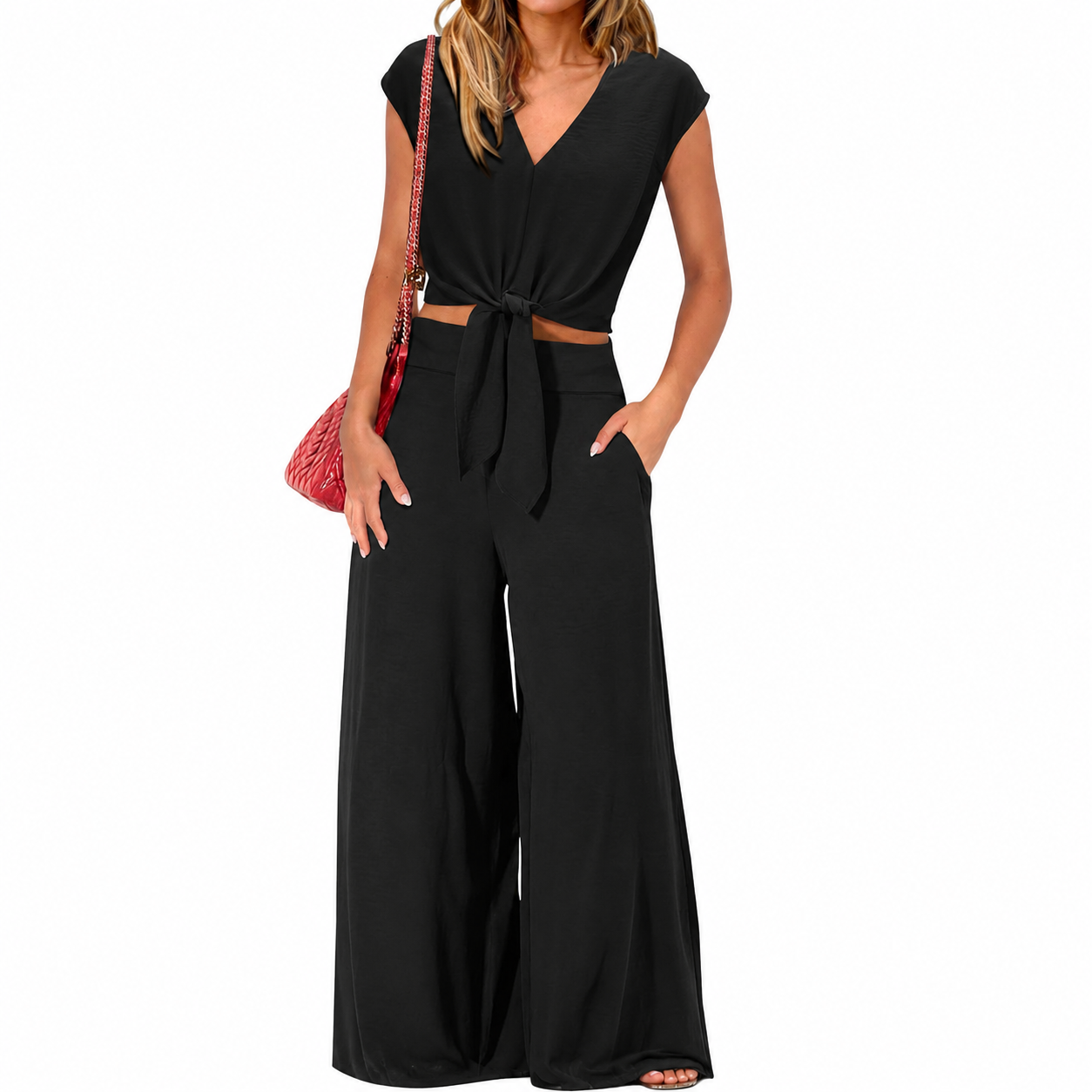 Belted Crop Top Wide Pant Outfit Set
