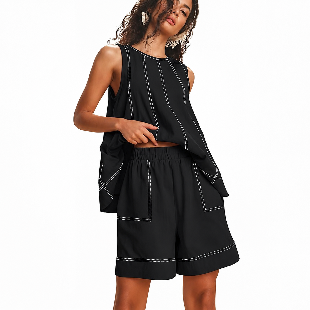 Contrast Stitching Sleeveless Two Piece Matching Tank Shorts Set