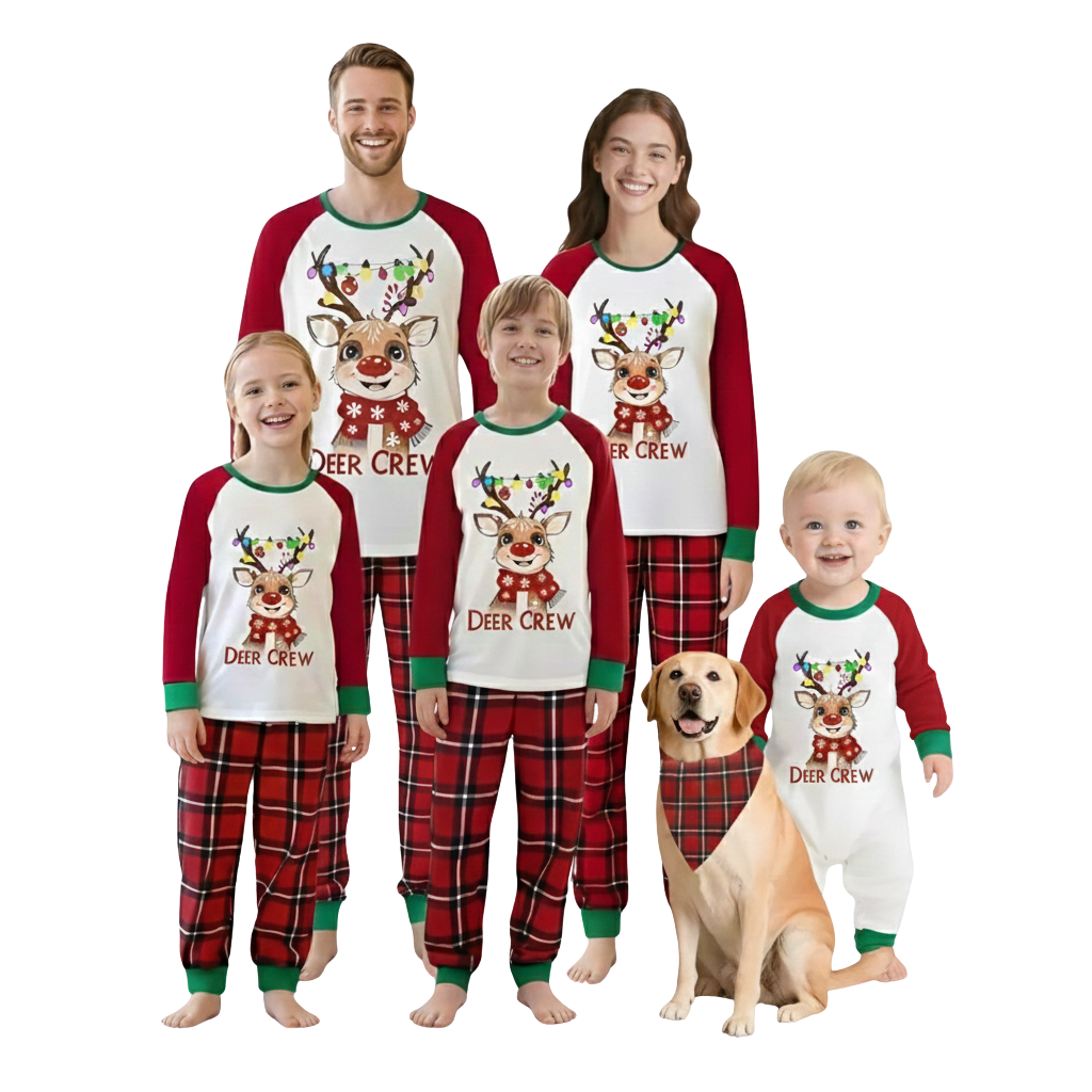 Deer Crew Reindeer Light Printed Plaid Family Matching Christmas Pajama Set