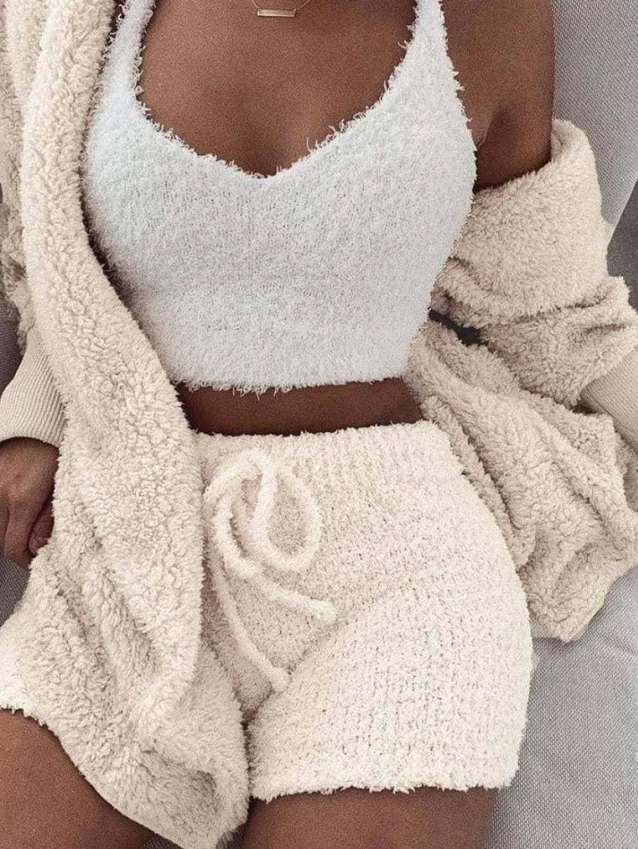 Cozy Knit Sets Crop Top, Shorts, Long Coat-Cozy Knit Sets