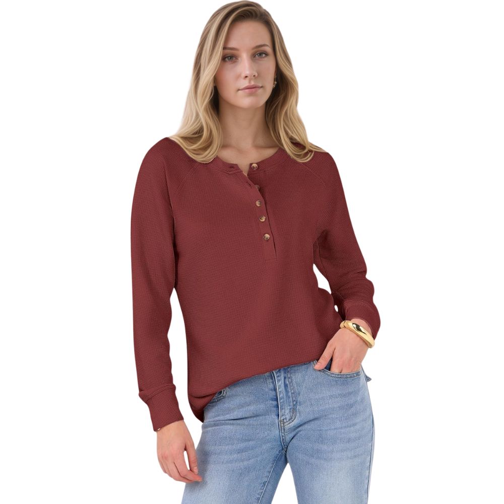 Women's Long Sleeve Waffle Knit Shirts Dressy Casual Loose Button Up V Neck