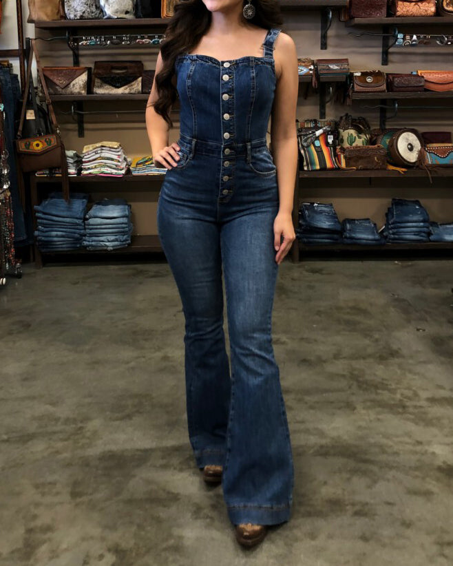 Denim Flare Jumpsuit With Button Front Detail-Cozy Knit Sets
