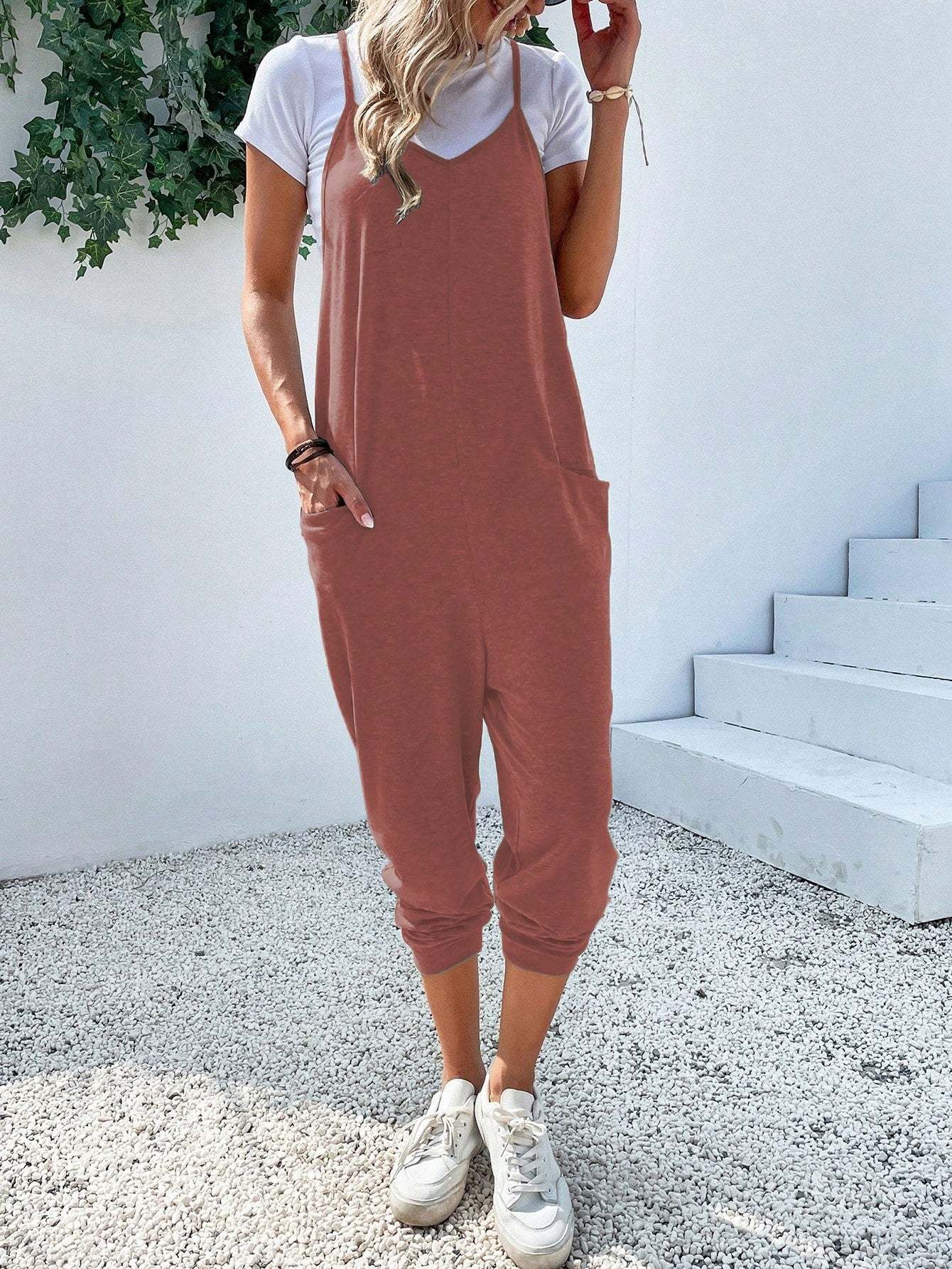 Dual Pocket Keyhole Jumpsuit Without Tee-Cozy Knit Sets