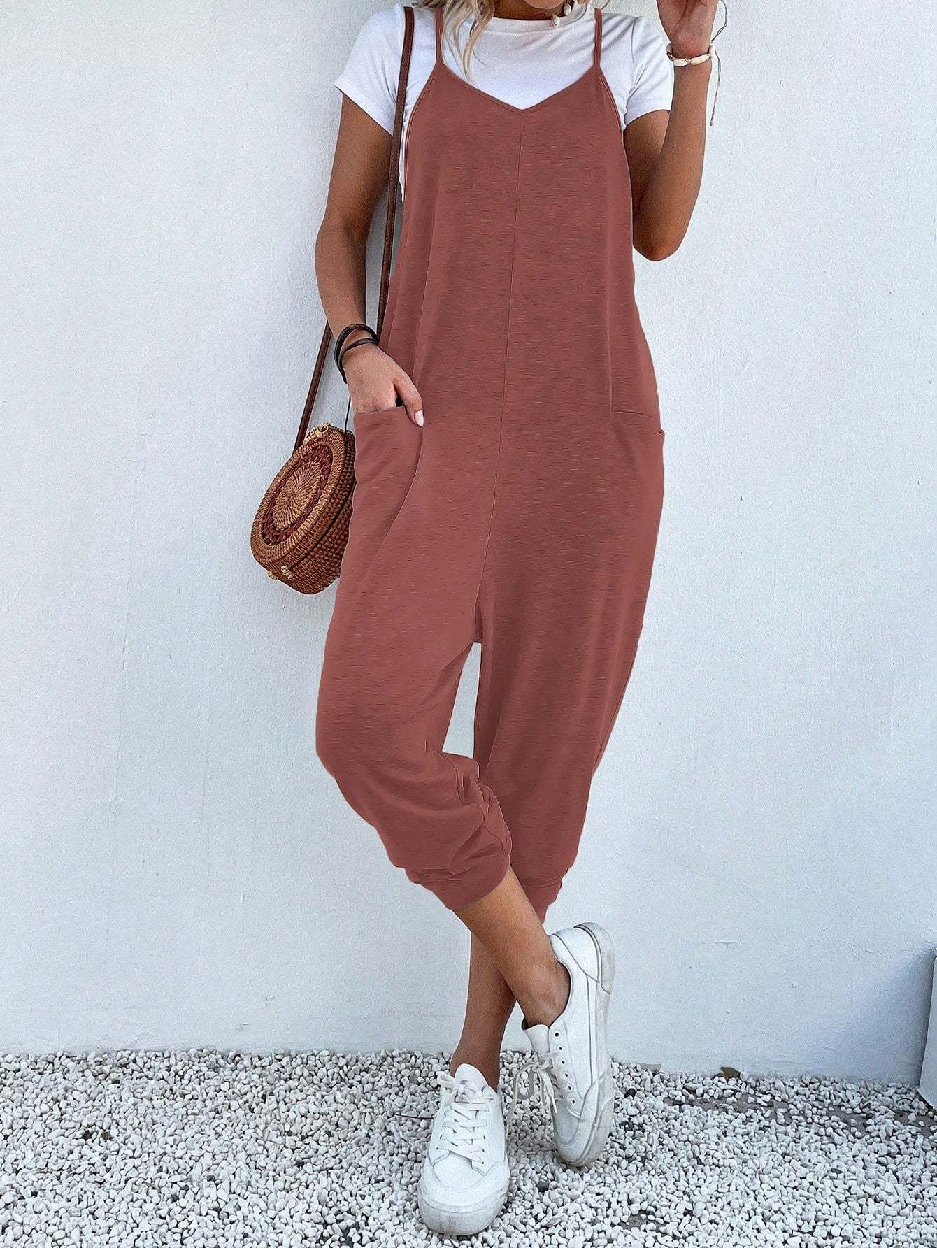 Dual Pocket Keyhole Jumpsuit Without Tee-Cozy Knit Sets