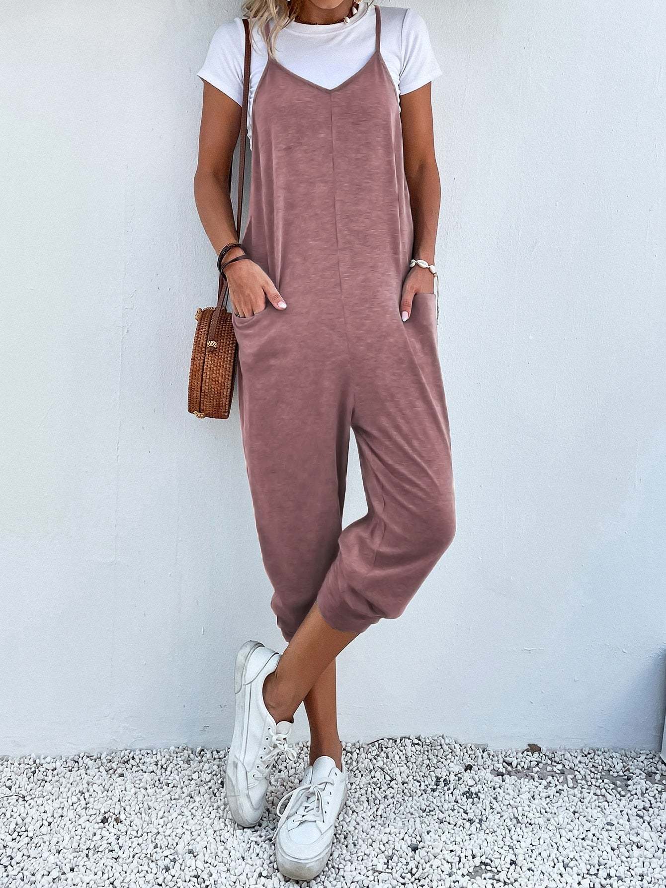 Dual Pocket Keyhole Jumpsuit Without Tee-Cozy Knit Sets