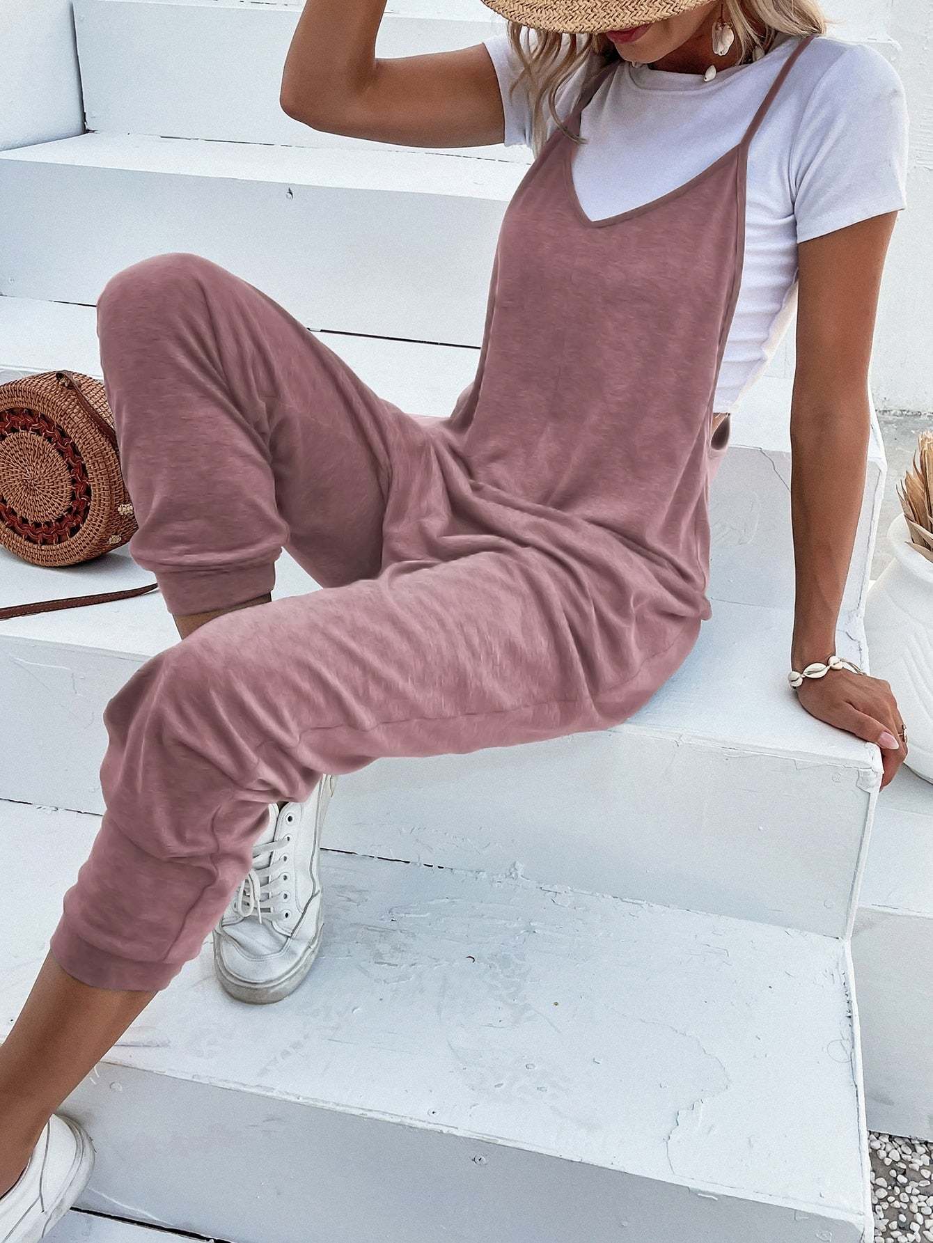 Dual Pocket Keyhole Jumpsuit Without Tee-Cozy Knit Sets